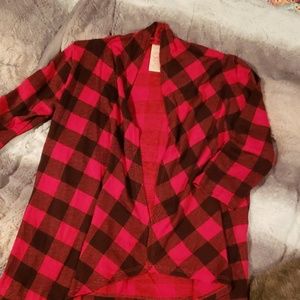 Black and red plaid cardigan.
